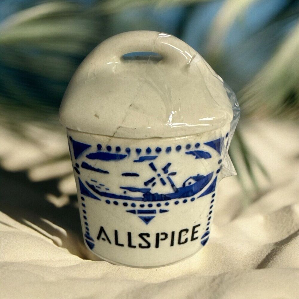 Antique Yvonne 357 Czechoslovakia 3” Canister ALL SPICE Dutch Windmill Scene Vtg